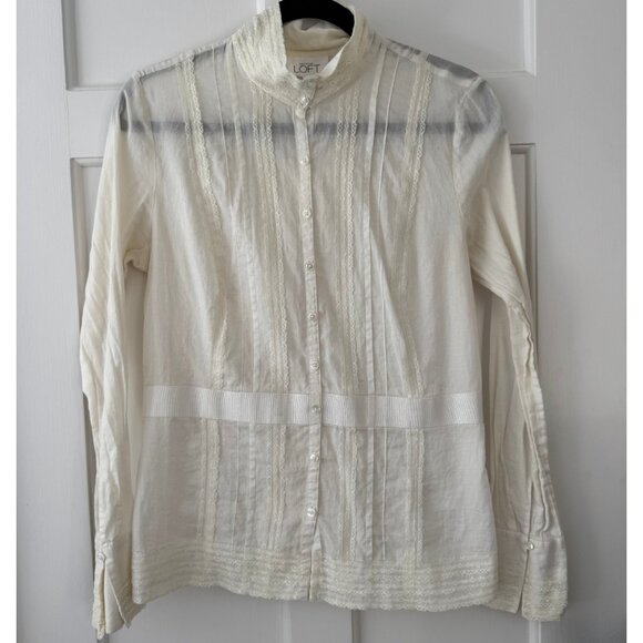 Ann Taylor Tops - Ann Taylor Loft High Neck Lace Trim Long Sleeve Ivory Blouse Size Large